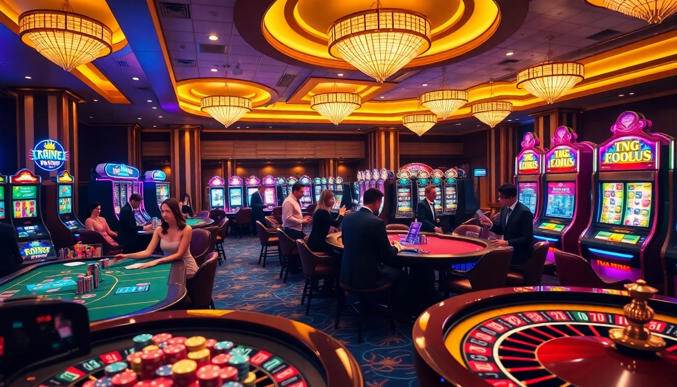 Players enjoying an exciting game at 789club's luxurious casino tables and slot machines.