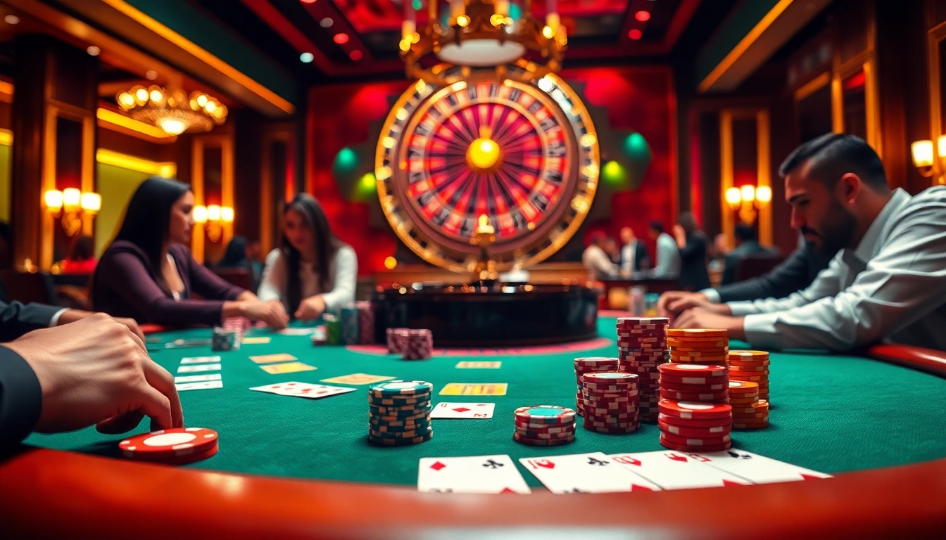 Experience the excitement of nhà cái xin88 at a vibrant casino table filled with players and poker chips.