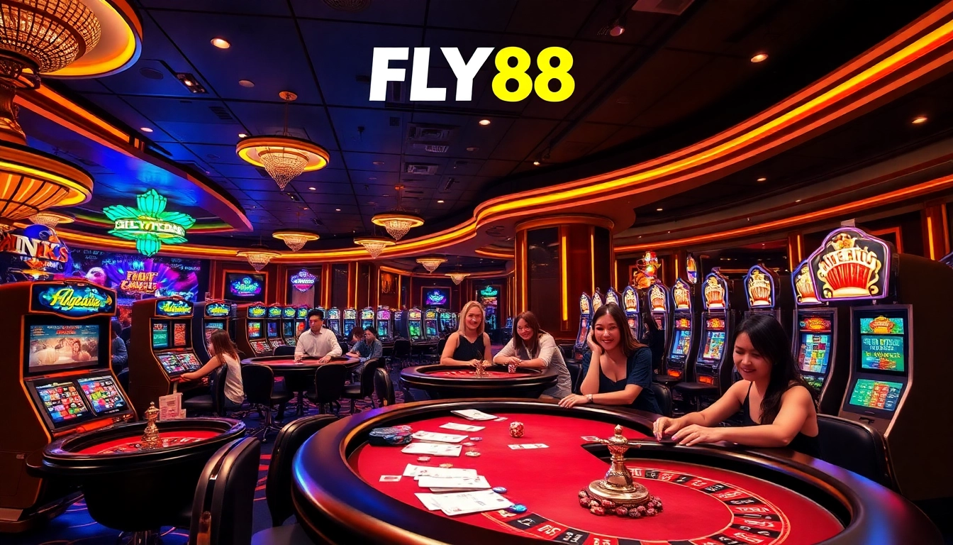 FLY88 casino scene with players engaged at poker tables and vibrant slot machines.