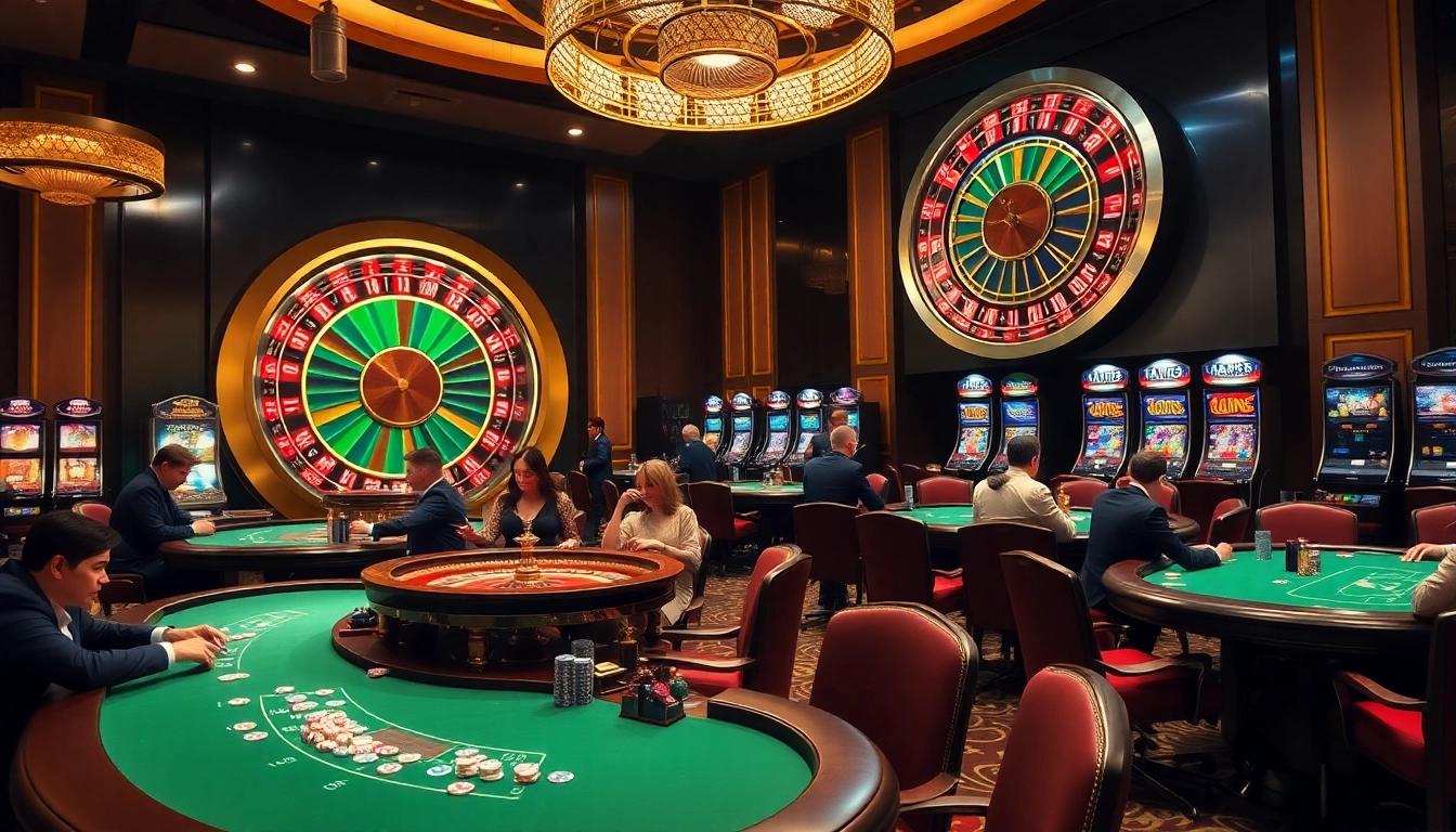 Players enjoying high-stakes games at Man88's luxurious casino, with vibrant roulette and poker scenes.