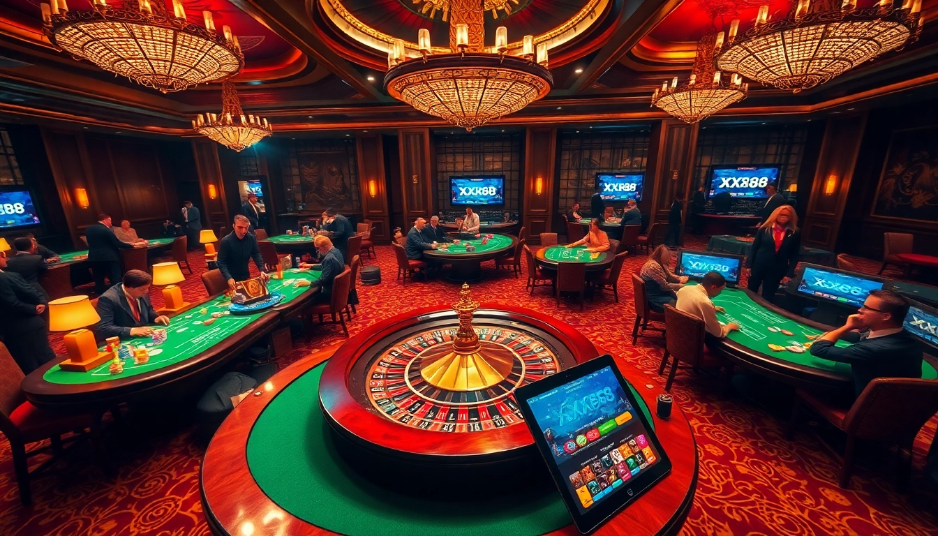Players engaging at a vibrant casino table, with excitement around XX88 gaming themes.