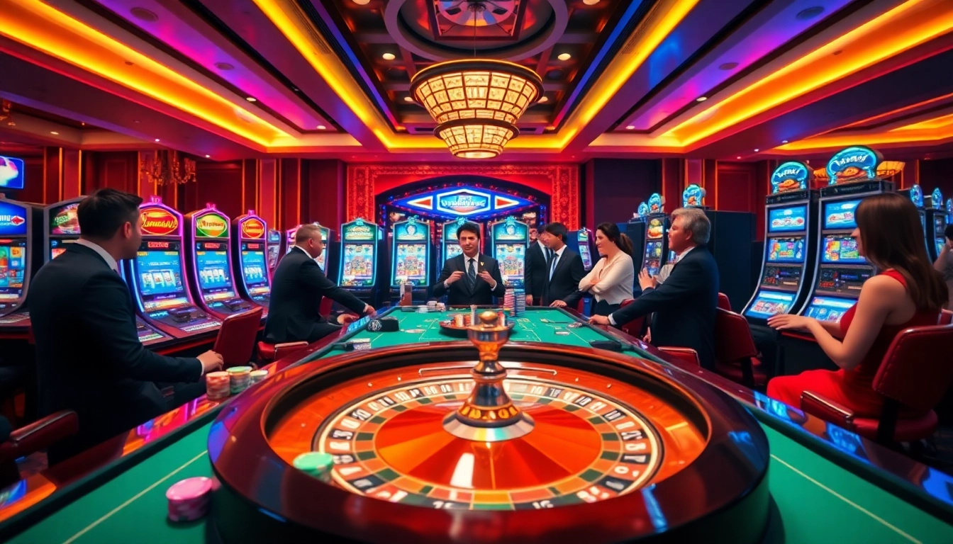 Players enjoying thrilling games at okfun casino with vibrant slot machines and poker tables.