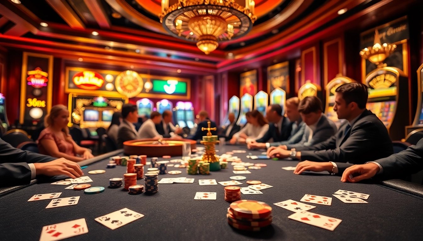 Engaging casino scene depicting okwin đăng nhâp with poker chips and playing cards in action.