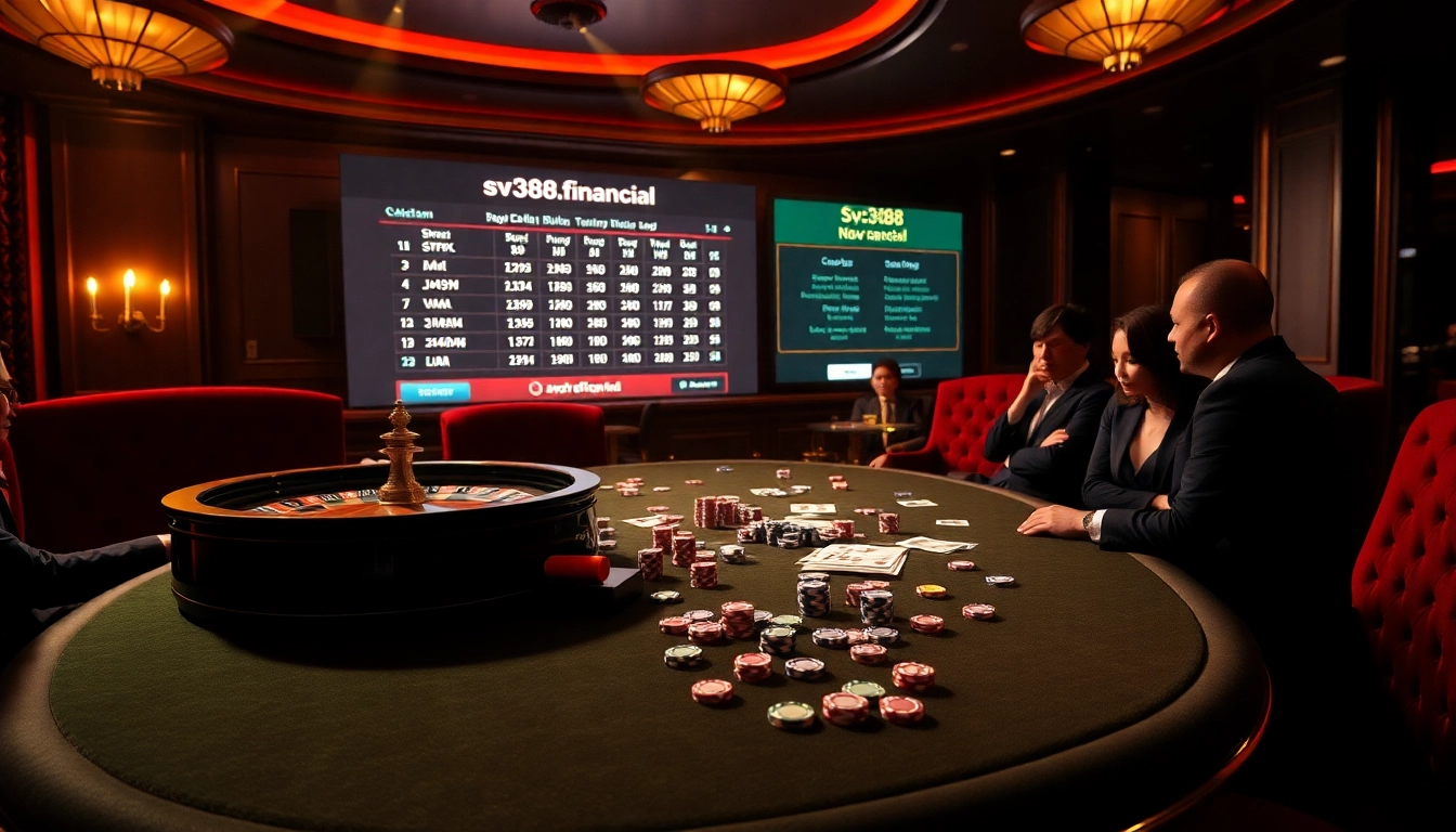 Engaging gaming scene at sv388.financial featuring vibrant poker chips, dice, and a roulette wheel.