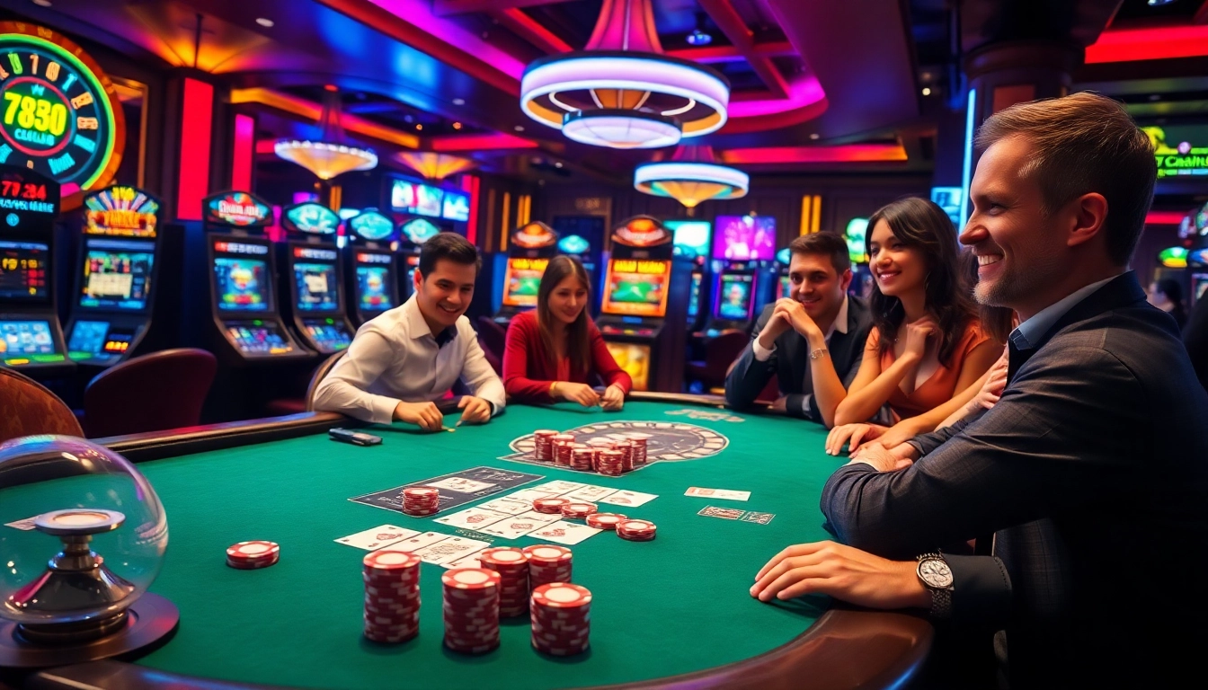 Players enjoying games at 789club's luxurious casino, showcasing poker chips and slot machines.