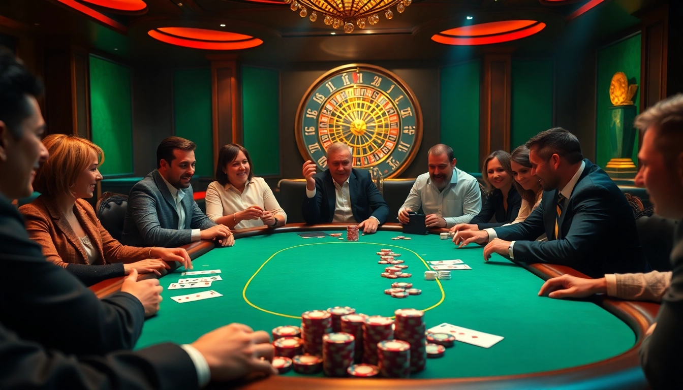 שחקנים נהנים ממשחק פוקר בהימור גבוה על שולחן קזינו יוקרתי, מניחים את ההימור שלהם.