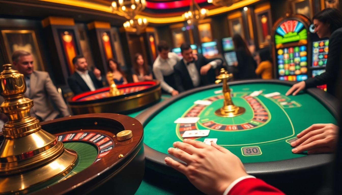 A captivating casino scene showcasing high-stakes poker and slot machines, embodying xin88 com's luxury and excitement.