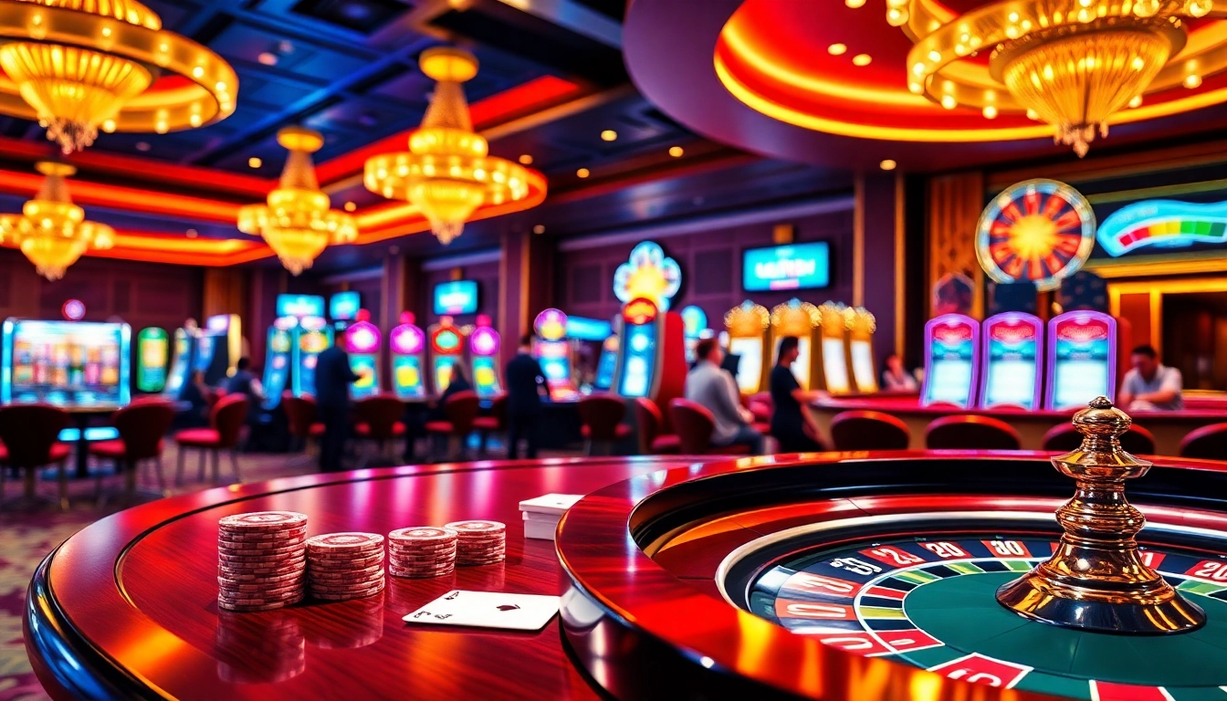 Experience pg88 đăng nhập excitement at a luxurious casino with poker chips and roulette.