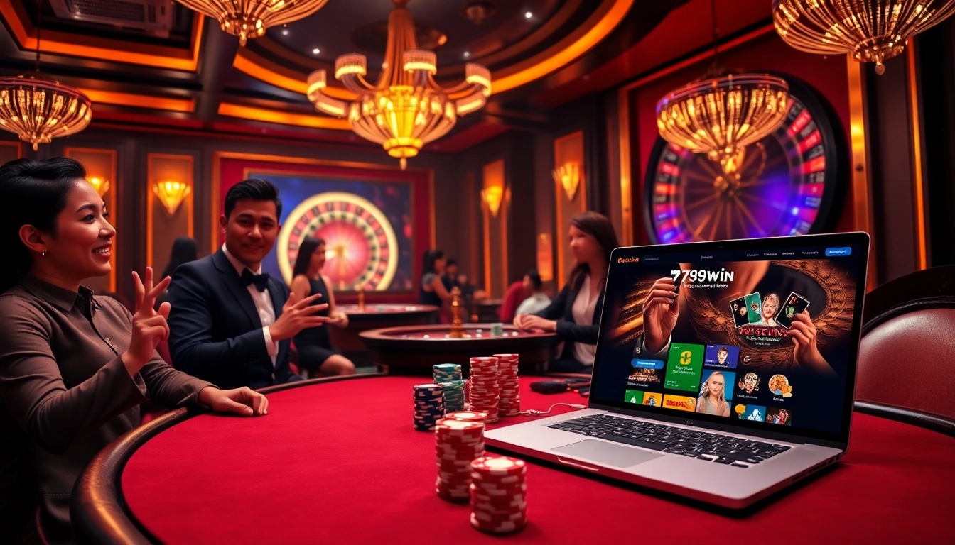 Experience thrilling gameplay at 789win's lavish casino with vibrant poker tables and spinning roulette.