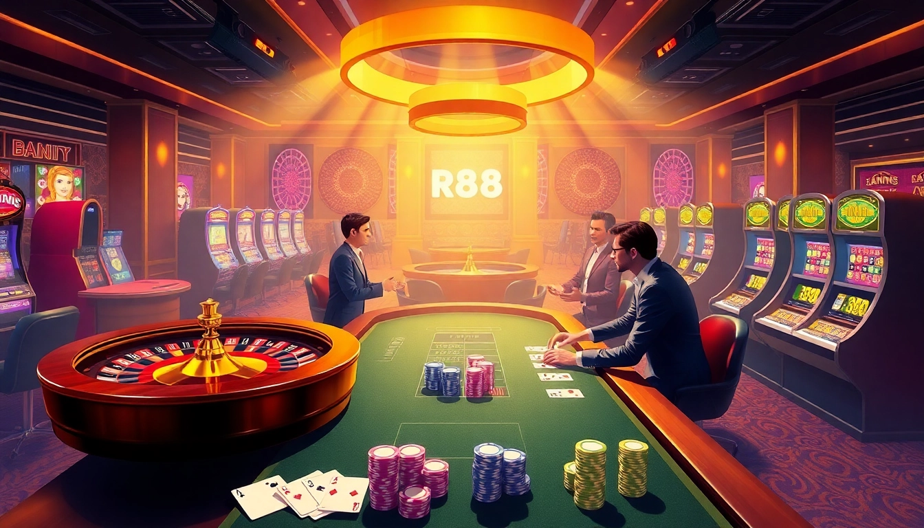 Experience the thrill of rr 88 with luxurious casino elements including roulette wheels and poker tables.