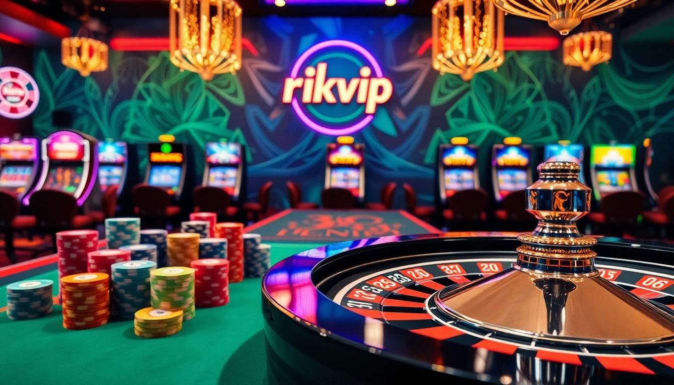 Experience the excitement of rikvip with bright casino lights, poker chips, and engaging gameplay.