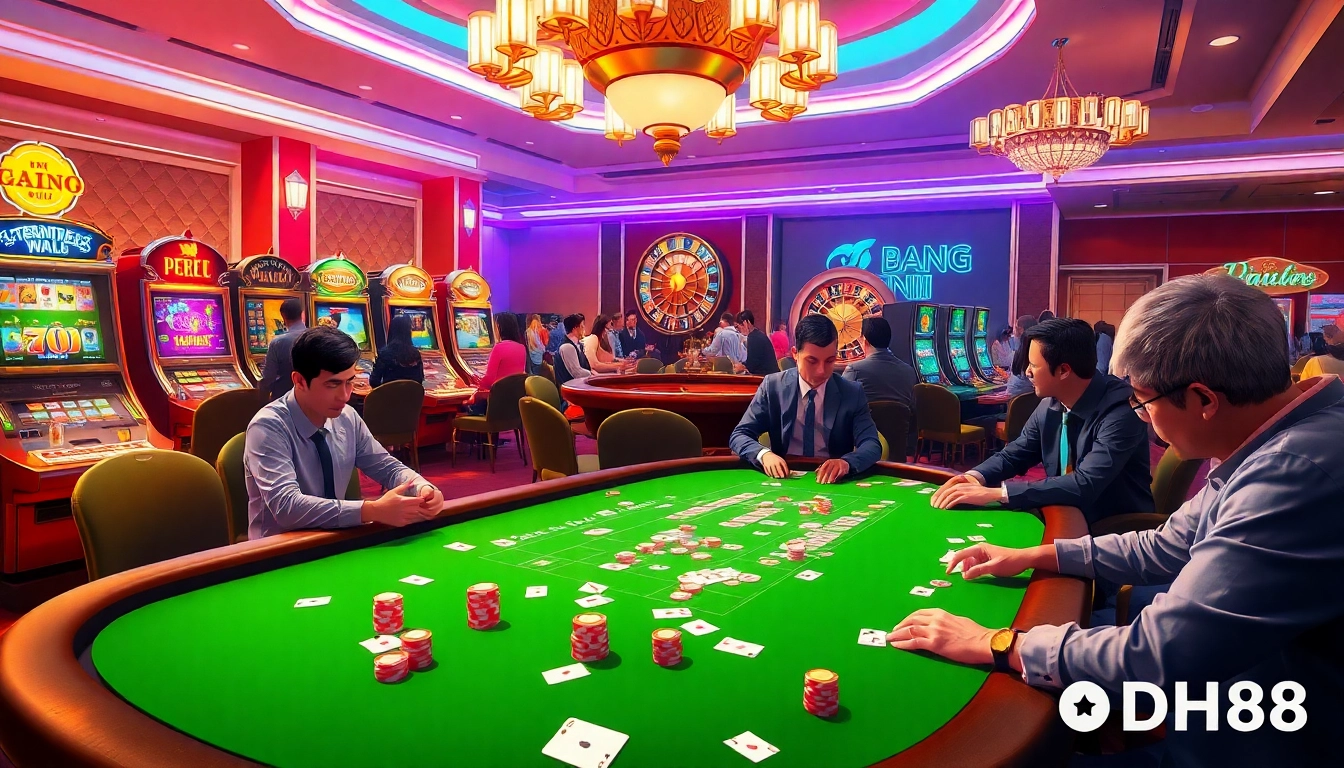 Engage in thrilling games at Trang chủ DH88 with vibrant casino scenes showcasing poker and roulette.