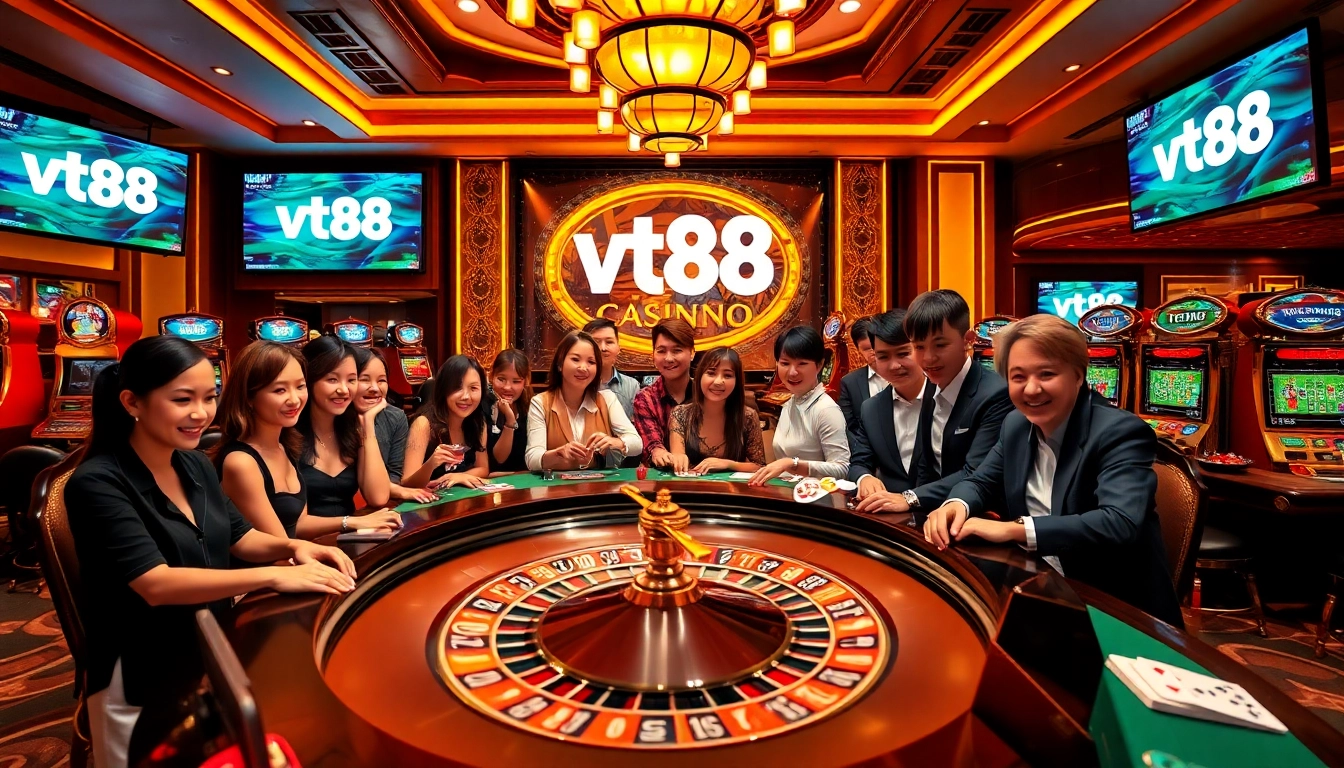 Engaged players at the vt88 casino table enjoying high-stakes gambling.