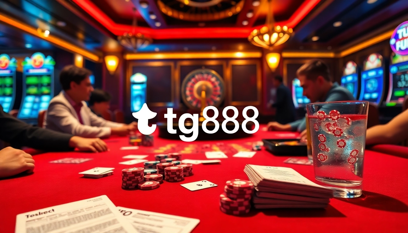 Players enjoying a tg88 poker game with vibrant chips, a roulette wheel, and glitzy ambiance.