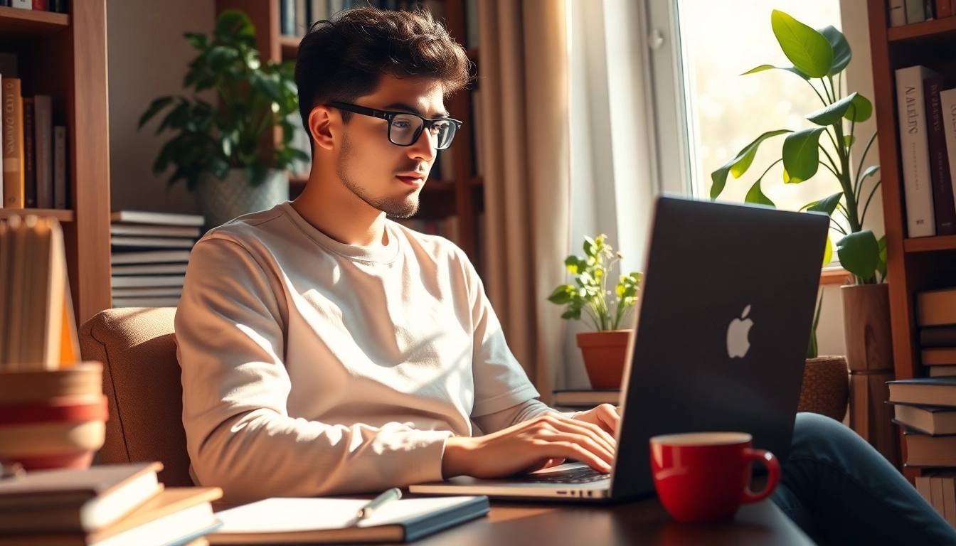 Estudiante trabajando con un MacBook para estudiantes en un ambiente acogedor.