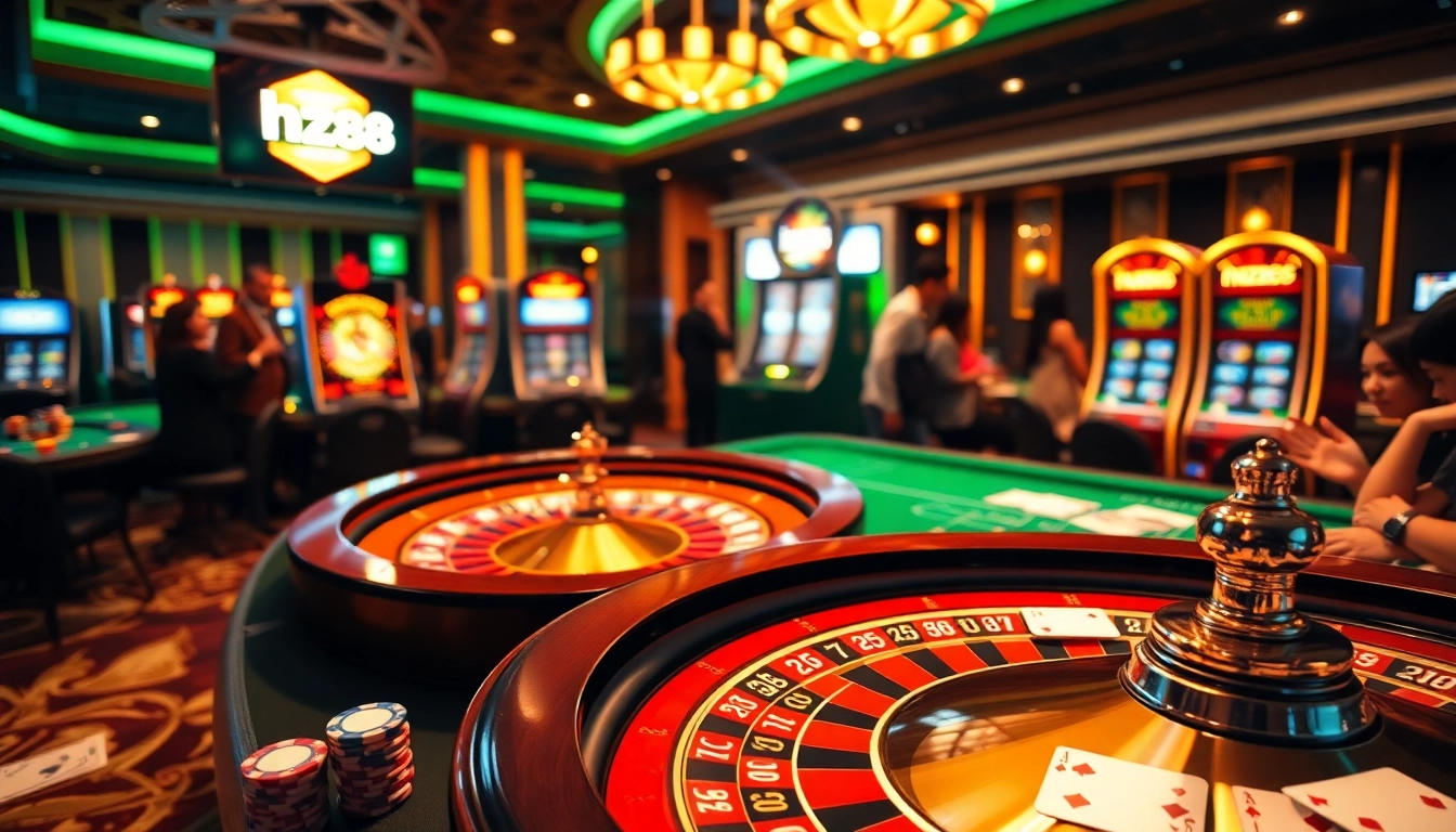 Experience the excitement of the hz88 app with a vibrant casino scene showcasing gambling tables and thrills.
