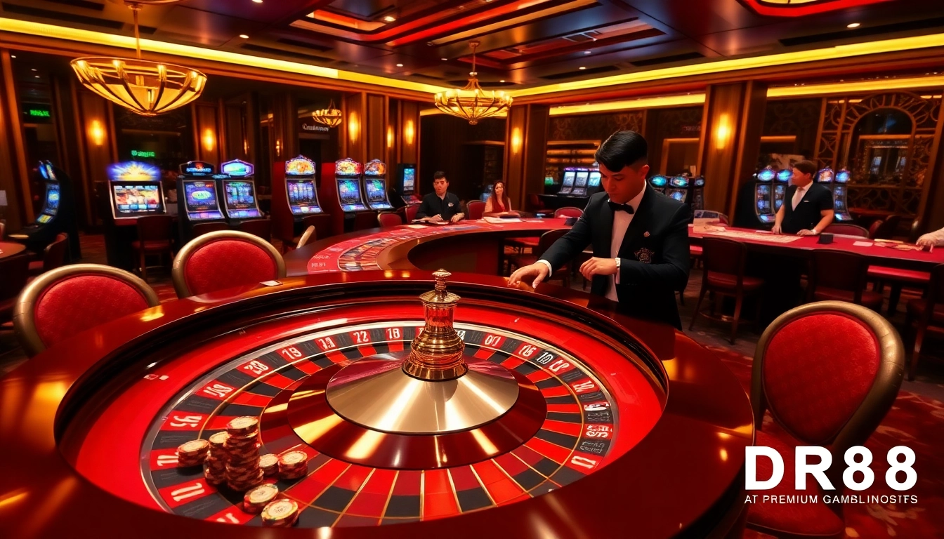Players enjoying a vibrant casino experience at DR88 with roulette, cards, and poker chips.