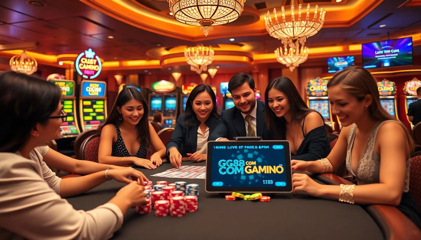 Experience the thrilling action at GG88 Com's vibrant gaming tables as players engage with cards and chips.