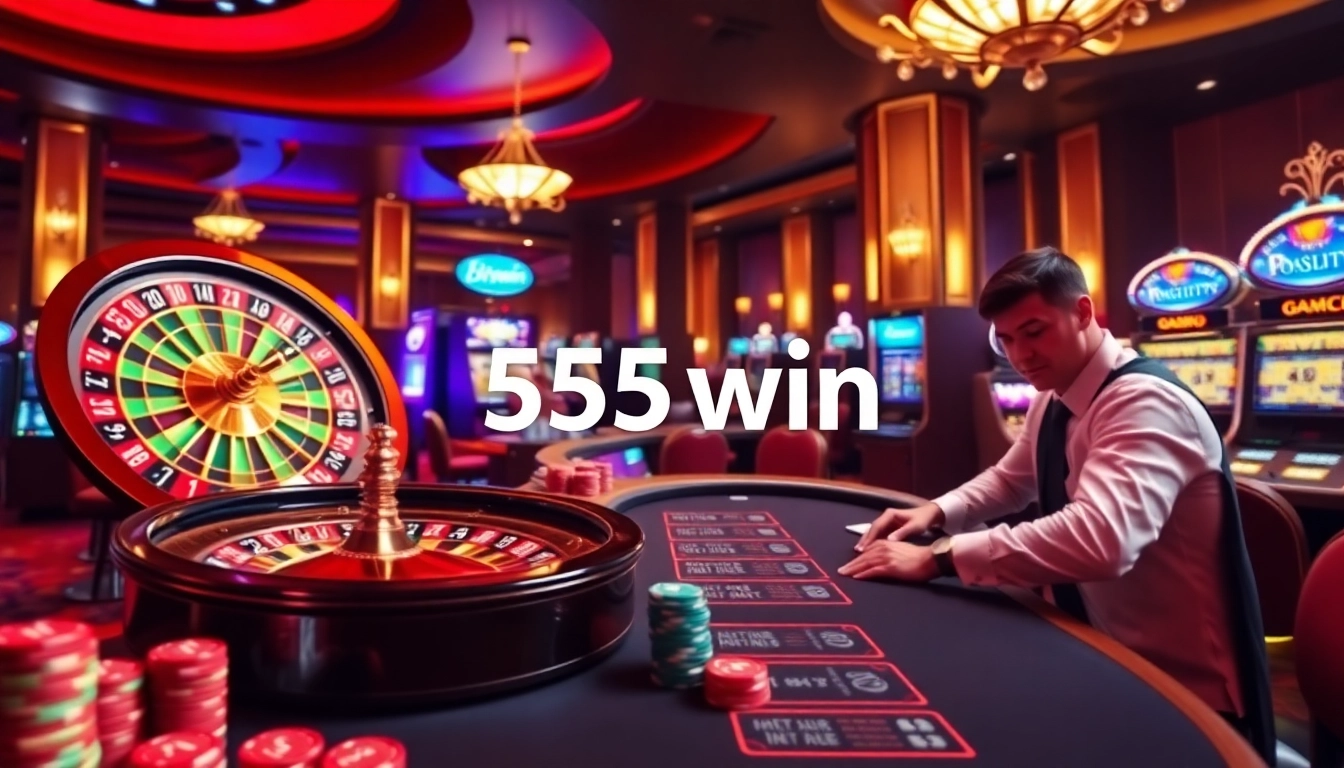 Experience exhilarating gaming at 555win with vibrant slot machines and roulette wheels.
