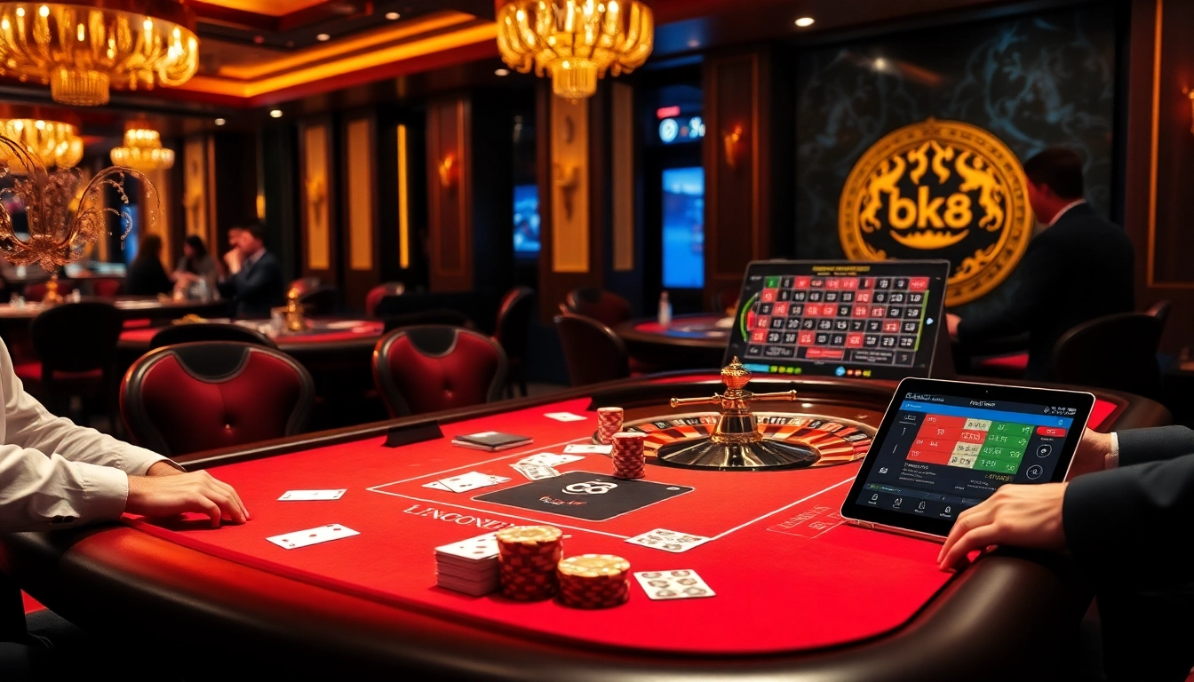Players enjoying a strategic game at a sophisticated BK8 casino table, showcasing excitement and luxury.