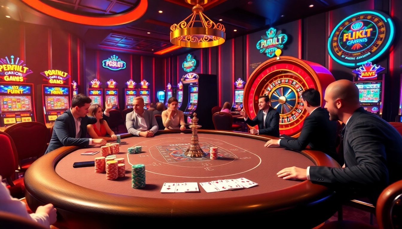Players enjoying thrilling PGSLOT games at a vibrant casino table filled with poker chips.