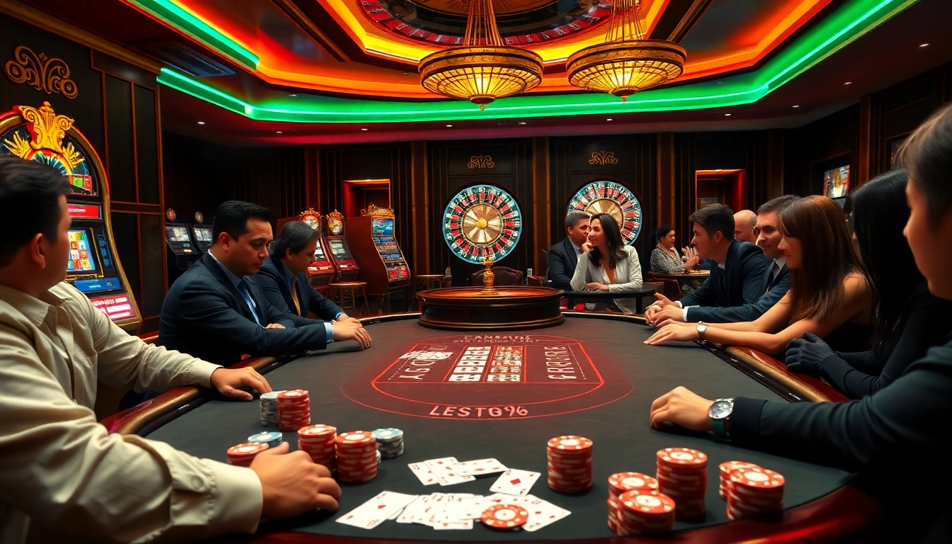 Players enjoy high-stakes poker at a luxurious hit club casino table, surrounded by vibrant gaming elements.