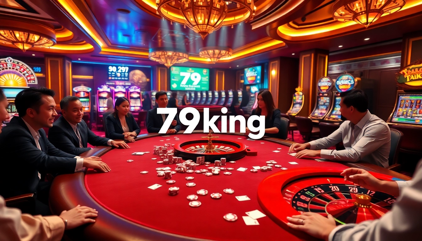 Players indulging in a thrilling poker game at 79king casino, surrounded by vibrant gaming elements.