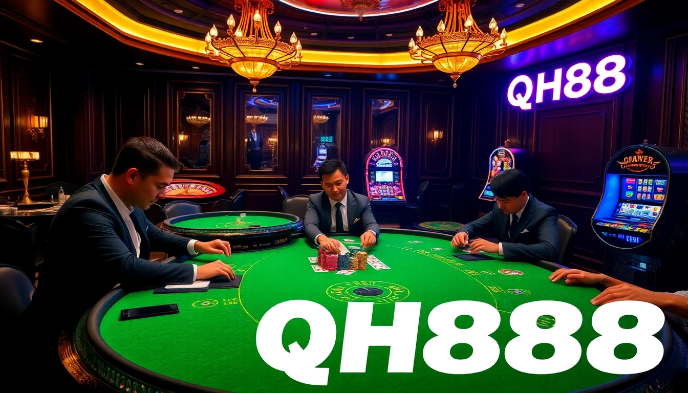 Engaged players enjoy high-stakes poker at QH88 casino, surrounded by vibrant colors and luxury.