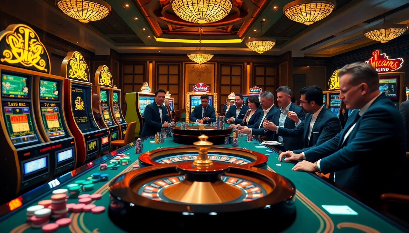 The thrilling gaming atmosphere at https://c168.it.com, showcasing luxury casino tables and vibrant slot machines.