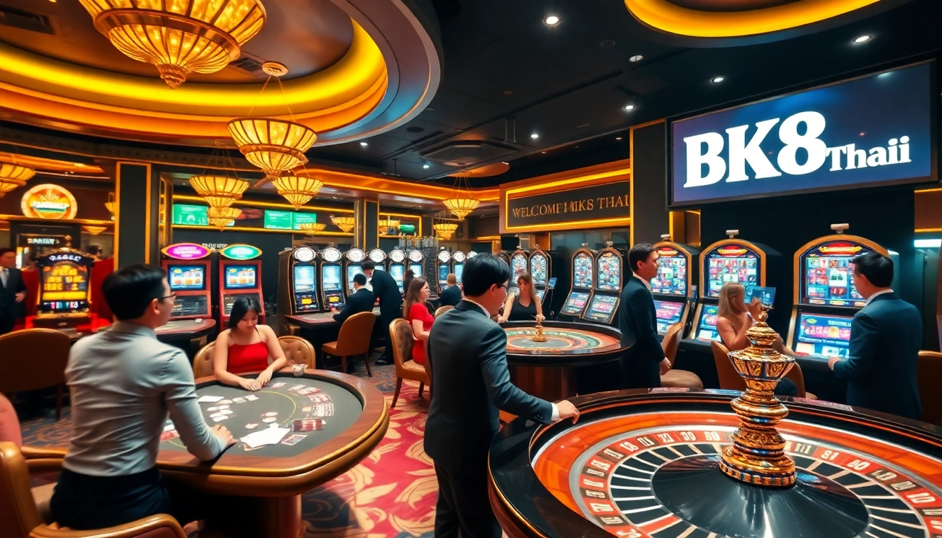 Experience thrilling gameplay at BK8 Thai casino with vibrant tables, lively players, and exciting slot machines.