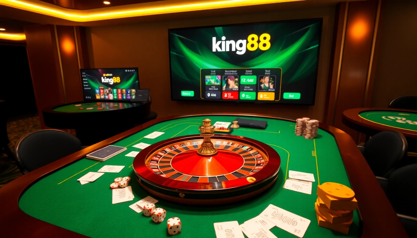 Experience thrilling poker action at king88 with vibrant chips and cards on a luxurious casino table.