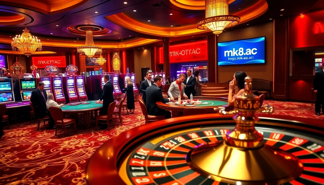 Casino excitement at https://mk8.ac/ with poker tables, slot machines, and roulette wheel.
