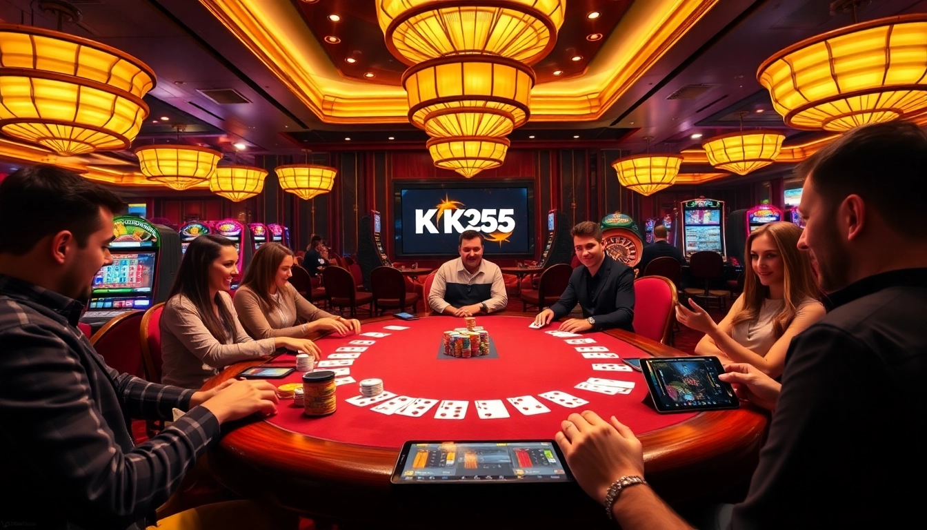 Engaging gamblers at a high-stakes table showcasing KK55 casino excitement.