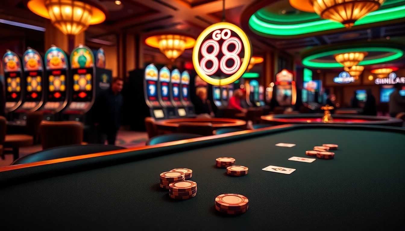 Enjoy an exciting game at the Go 88 casino, showcasing poker tables and vibrant slot machines.
