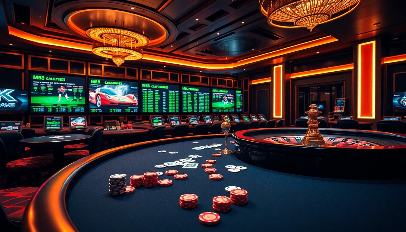 Engage in thrilling MK8 casino action at a vibrant gambling scene with poker and roulette.