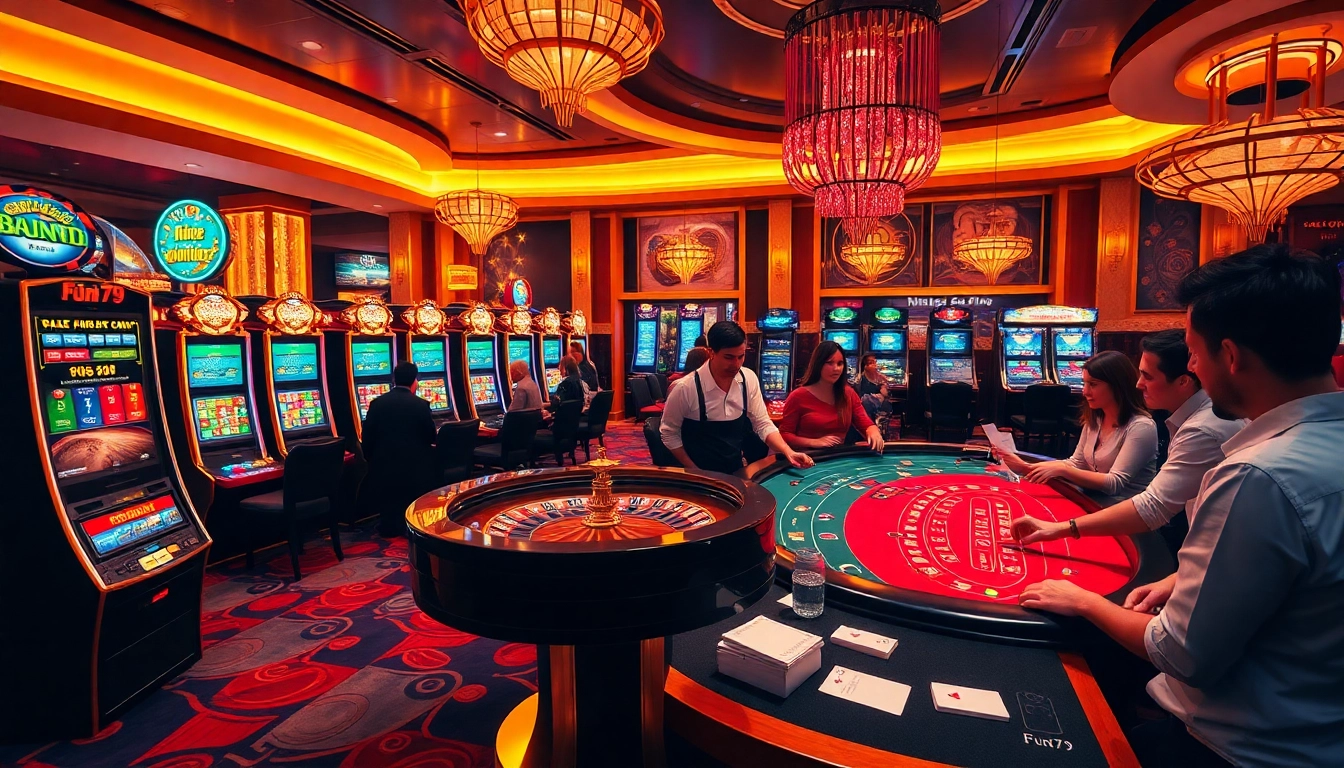 Gamblers enjoying a thrilling game at fun79's vibrant modern casino with lively activity and luxurious decor.