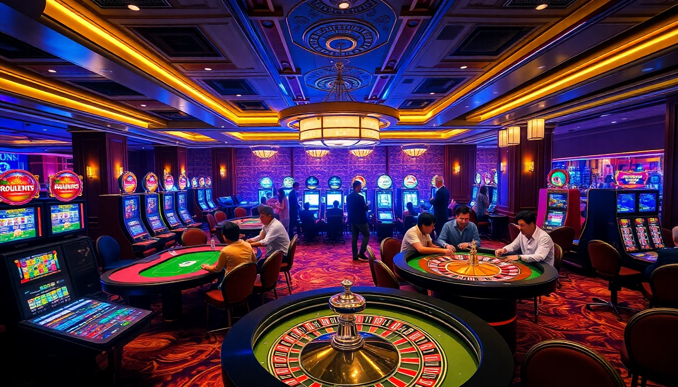 Players enjoying high-stakes poker at https://rr88co.net/ casino table with vibrant slot machines.