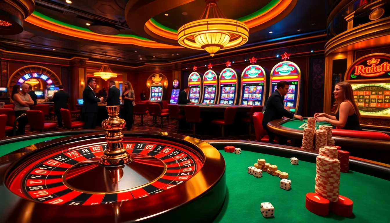 Luxury casino homepage featuring roulette wheel, poker chips, and slot machines.
