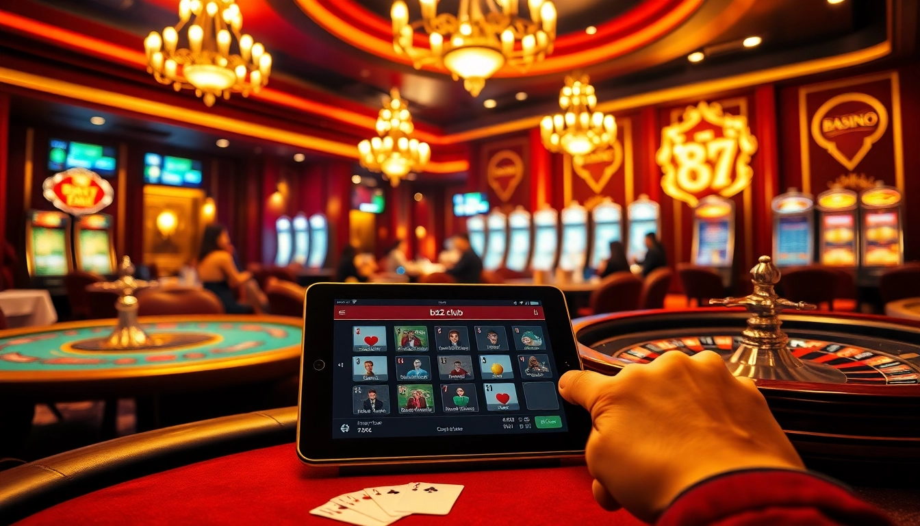 B52Club players excitedly betting on poker and roulette in a luxurious casino backdrop.