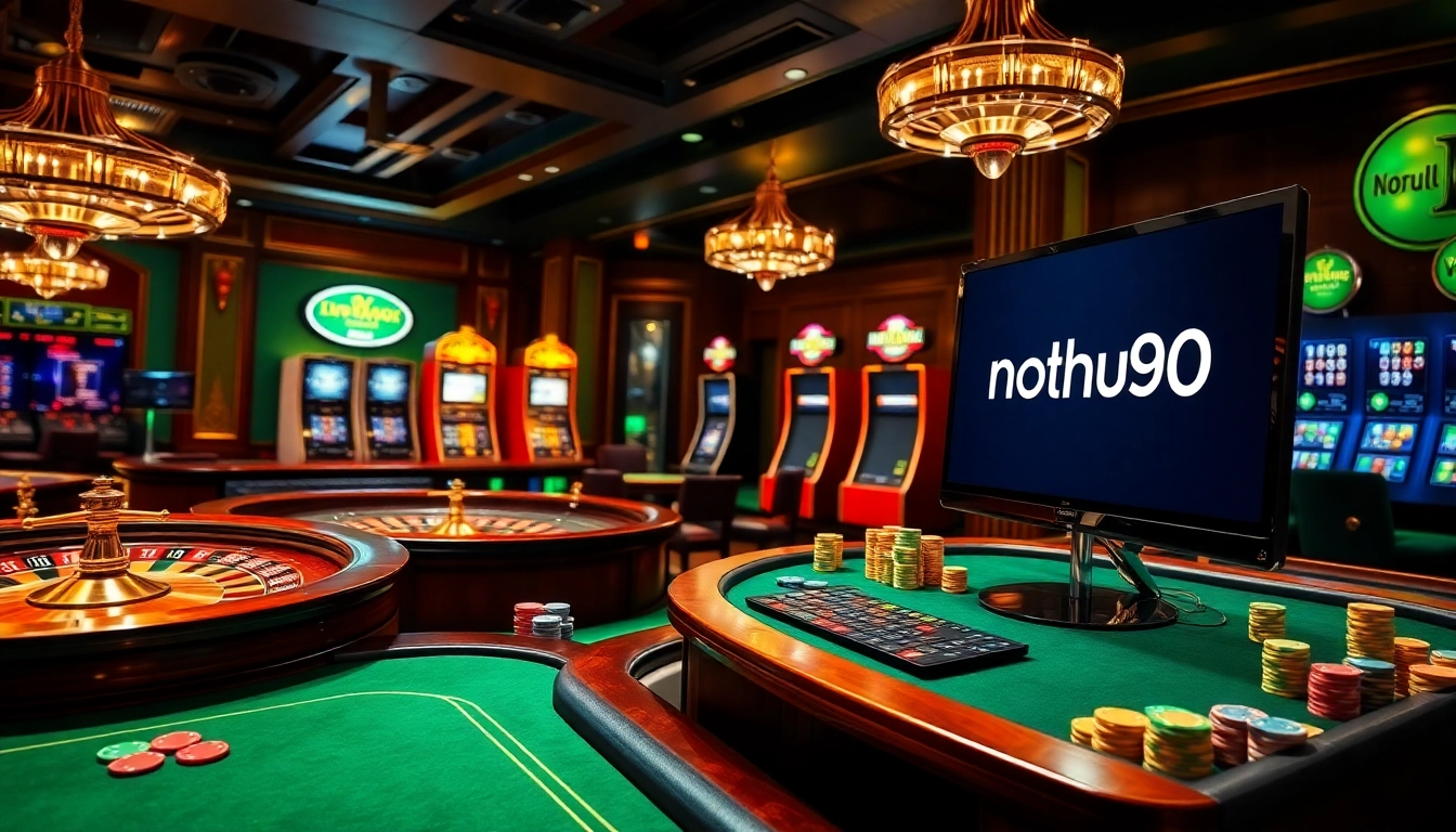 A thrilling casino environment featuring vibrant poker tables and exciting nohu90 slot machines.