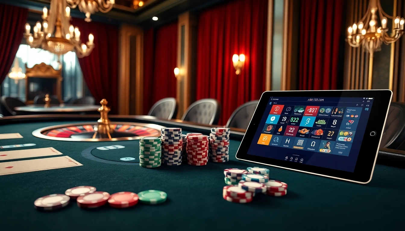 Exciting casino scene with poker chips and cards, showcasing http://abc1256.com/ gaming options.