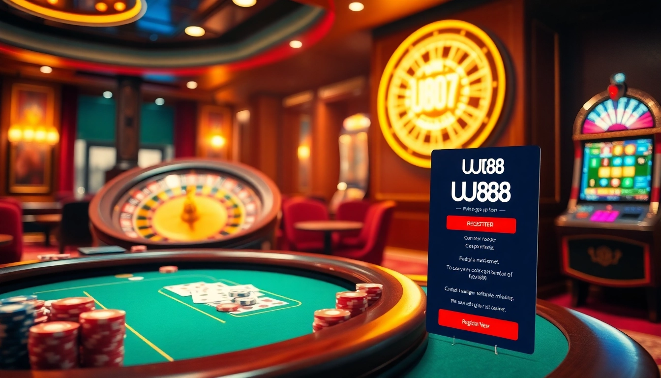 Engaging scene of registration for uu88 đăng ký at a casino with vibrant poker tables and excitement.