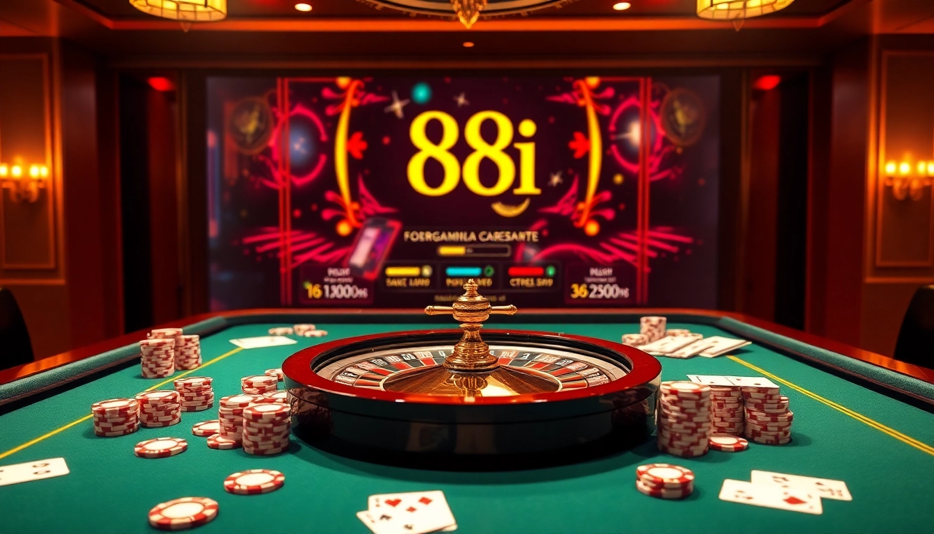 Experience exciting gameplay at 88i nhà cái with vibrant casino tables, poker chips, and roulette wheels.