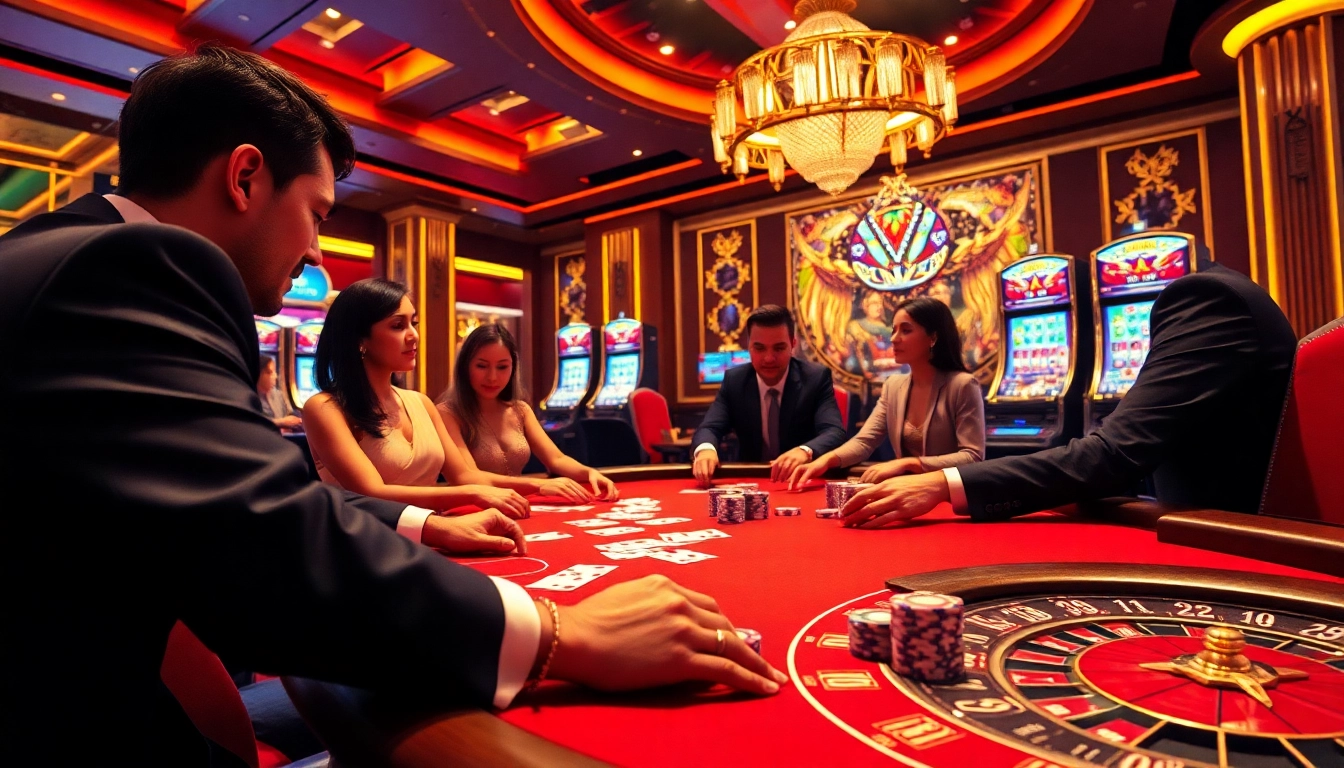 Players enjoying high-stakes poker at ONBET casino, featuring vibrant chips and cards.