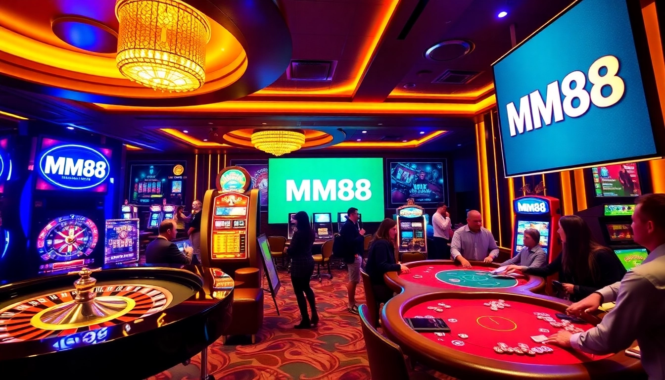 Experience MM88's vibrant casino vibe with players enjoying roulette, slots, and poker.