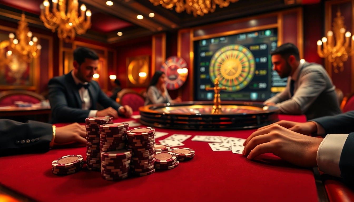 Pahala4d players strategizing at a luxury poker table with vibrant chips and cards.