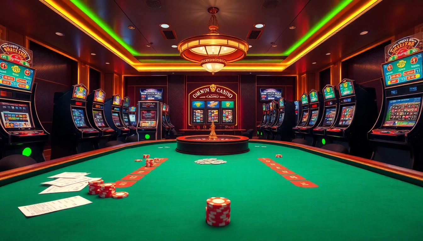 Experience the excitement of the okwin game at a luxurious casino featuring a vibrant poker table and slot machines.