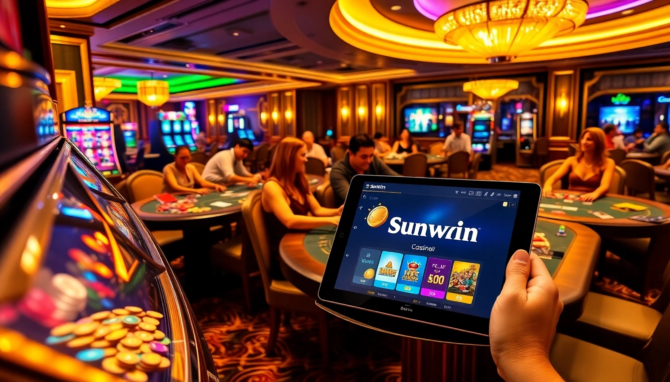 Sunwin casino scene with excited players at poker and roulette tables, showcasing vibrant gaming atmosphere.
