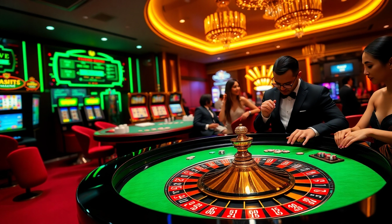 Betting on tỷ lệ bóng đá malaysia at a flashy casino with roulette, chips, and vibrant lighting.