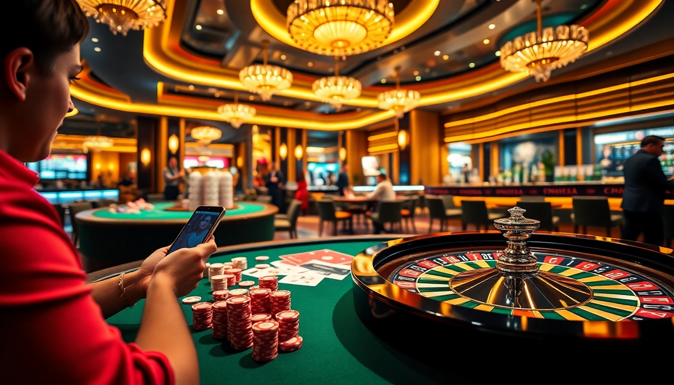 Engaging atmosphere of sbobet login at a casino with poker chips and roulette wheel, highlighting excitement.